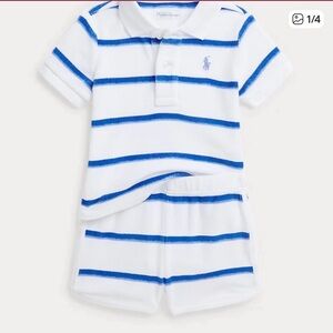 Kids Blue Terry Cloth Striped Polo Shirt and Short Set (10-12)